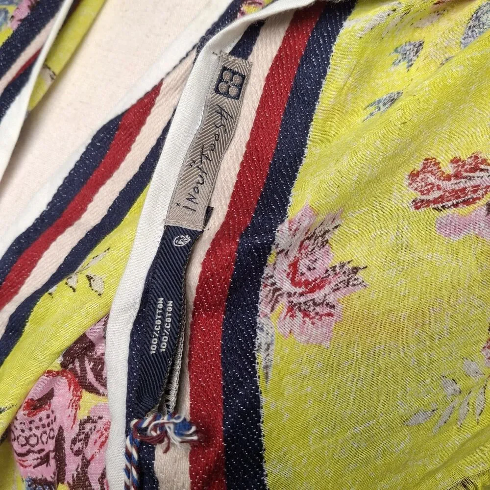 NEW Inouitoosh 78x42 Floral Scarf Wrap 100% Cotton Yellow Red Navy Border Preppy